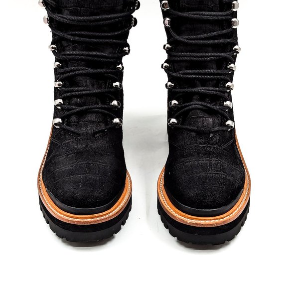 Marc Fisher Women Lizzie Black Croc Festival Combat Black Leather Boots sz 7.5 - Picture 3 of 12